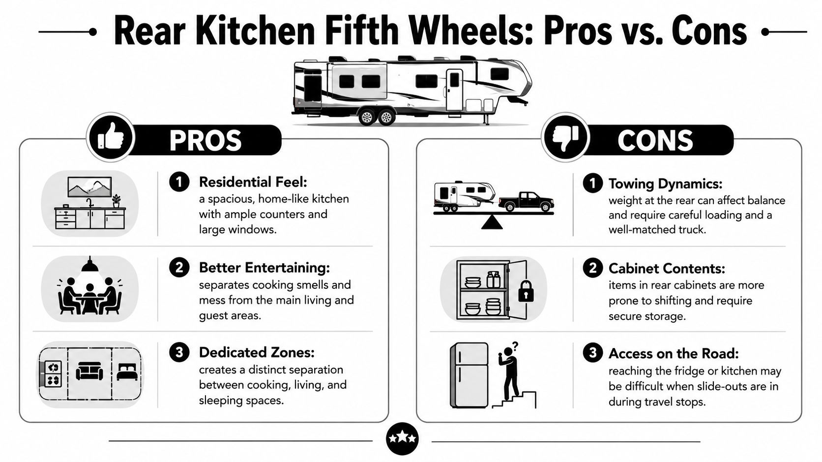 An infographic comparing the pros and cons of rear kitchen fifth wheel recreational vehicles.