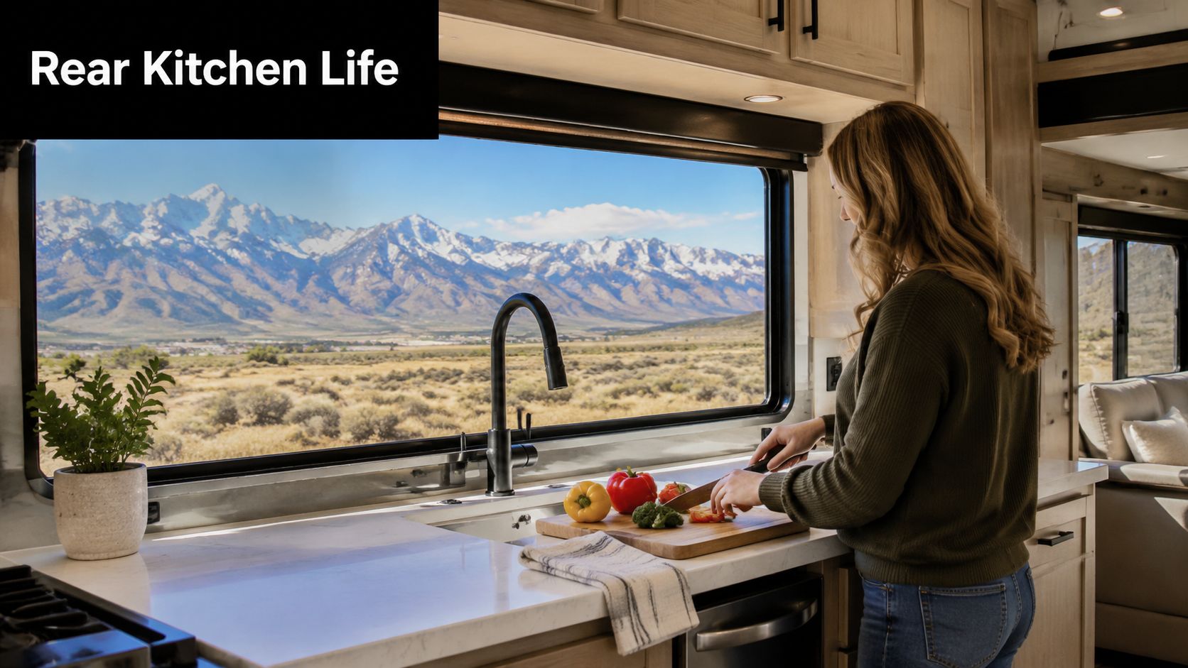 A woman preparing fresh vegetables on a countertop inside a modern fifth wheel RV rear kitchen.
