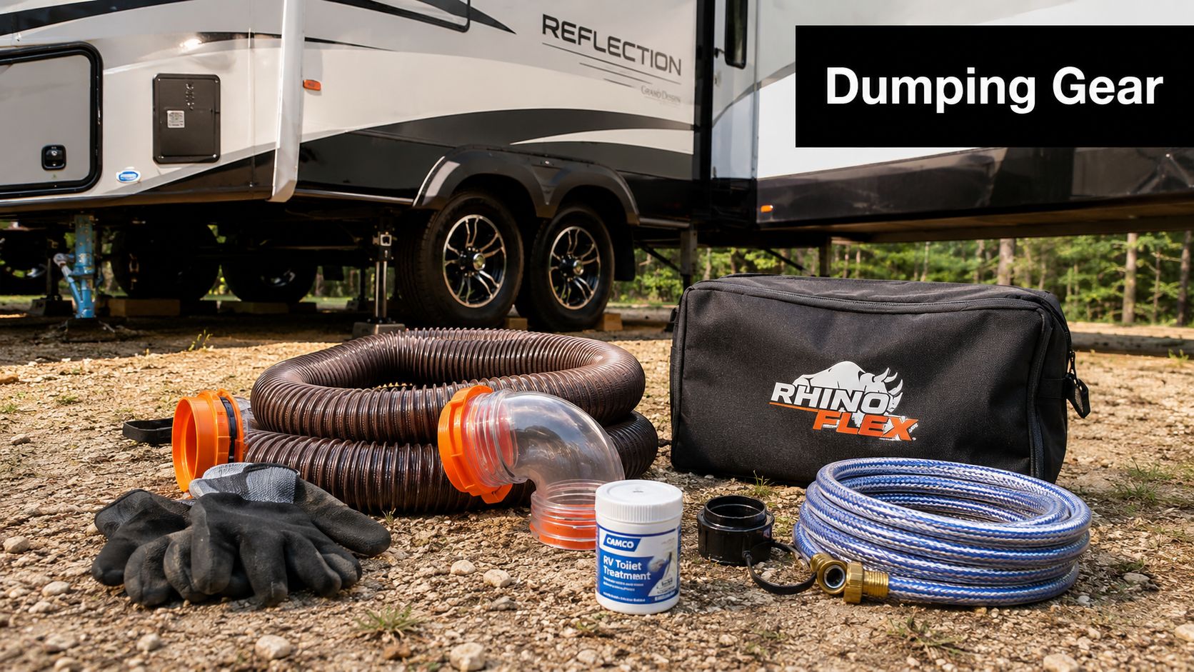An array of RV dumping gear including sewer hoses, a storage bag, gloves, and chemical treatment bottles.