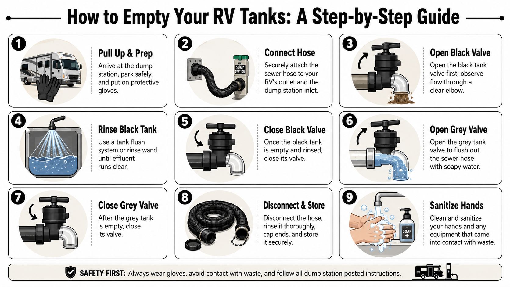 A nine-step illustrated infographic guide on how to safely empty and sanitize RV waste tanks.