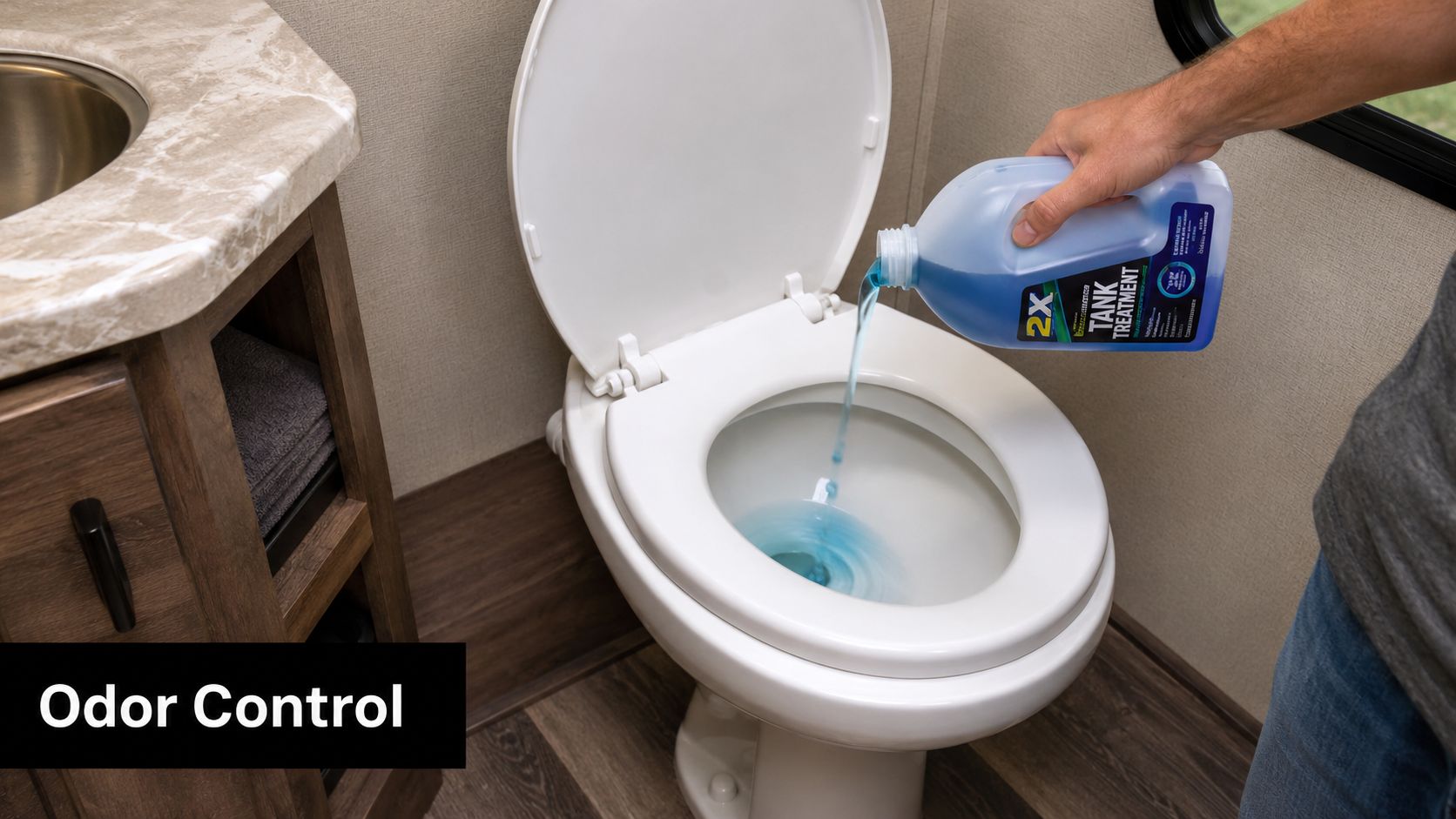A person pouring blue RV tank treatment liquid into the bowl of a white toilet in an RV bathroom.
