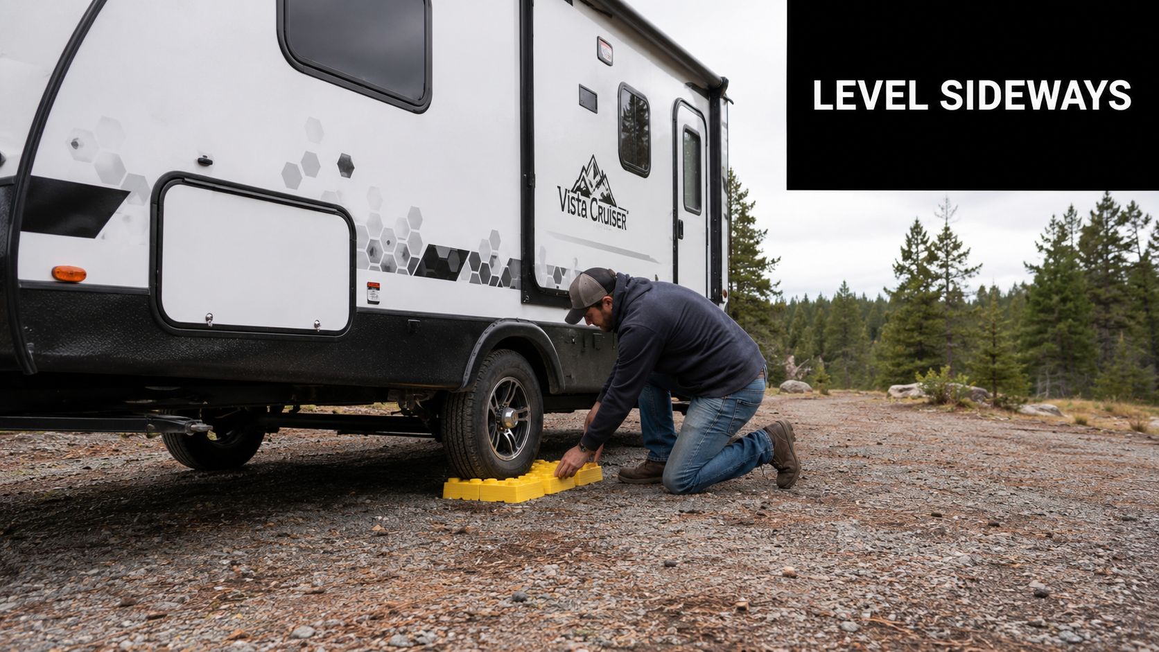A man kneels on a gravel campsite while positioning yellow leveling blocks under a travel trailer wheel.