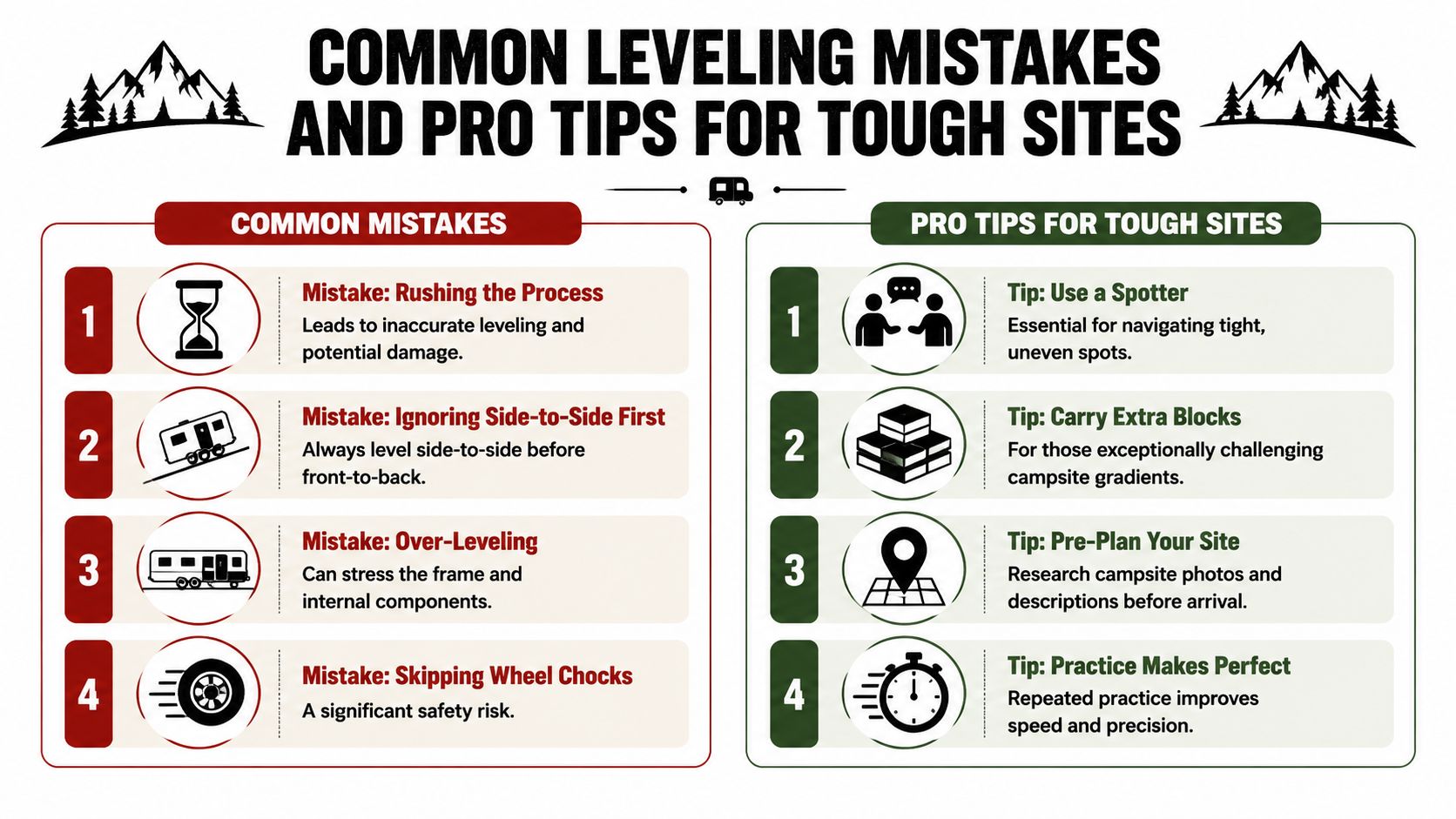 An infographic showing common leveling mistakes and pro tips for setting up a travel trailer at campsites.