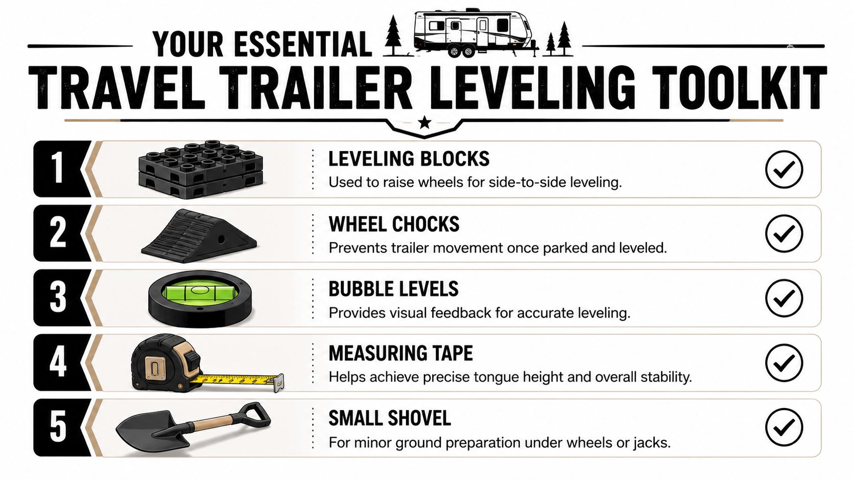 A list of five essential tools for leveling a travel trailer including blocks, chocks, levels, tape, and shovel.