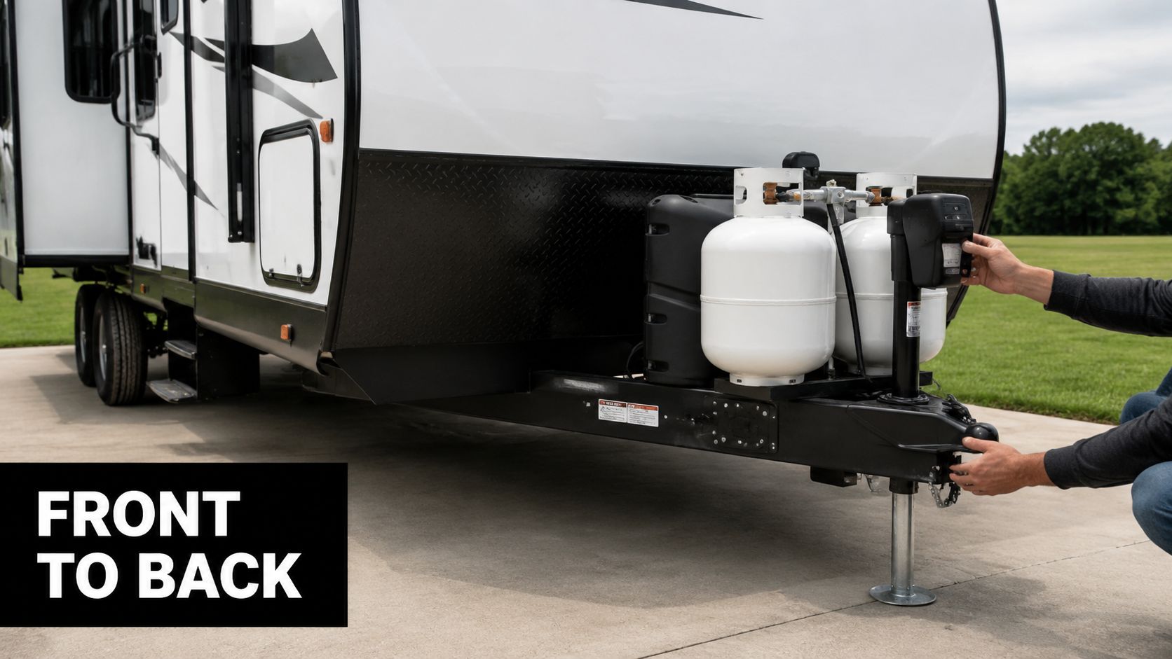 A person operating the tongue jack to adjust the front height of a white travel trailer.