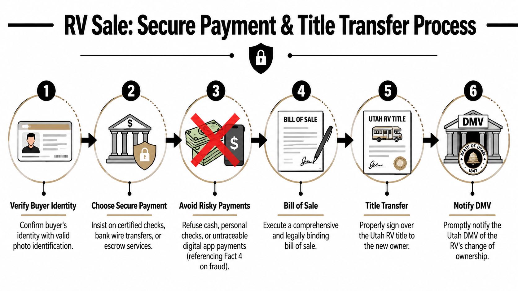 A six-step infographic detailing the secure process for selling an RV, including payment and title transfer steps.