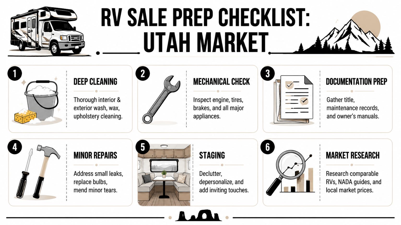 A six-step checklist titled RV Sale Prep Checklist Utah Market with icons for cleaning, mechanical checks, and documentation.