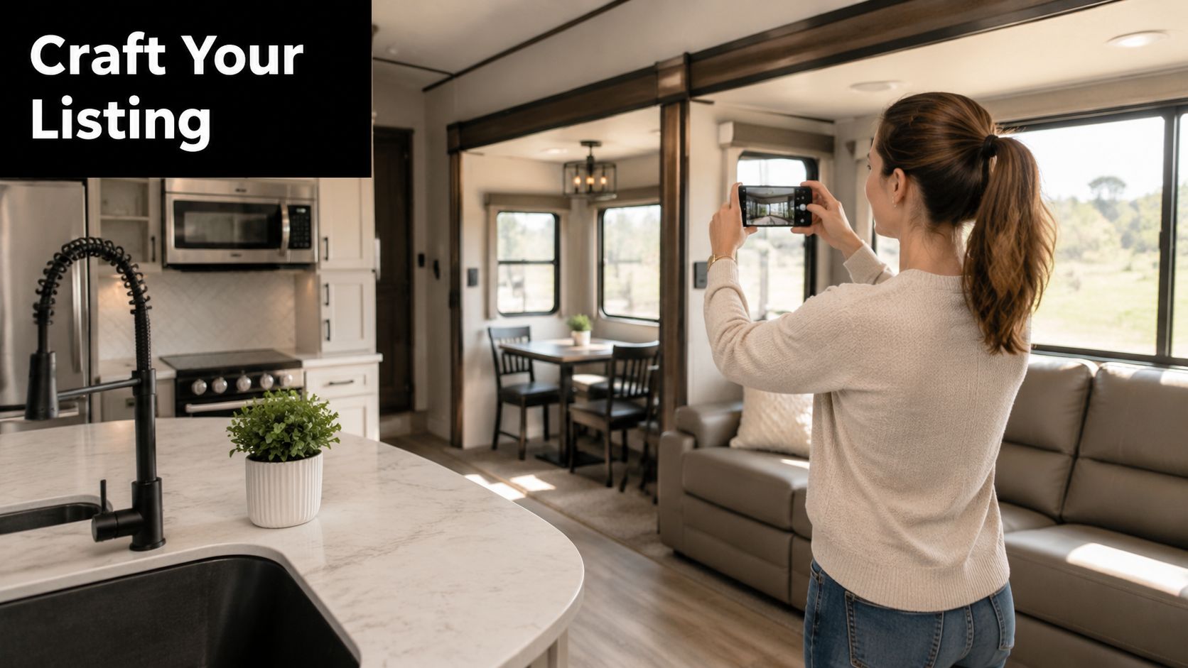 A woman takes photos of a modern RV interior with her smartphone to create a rental listing.