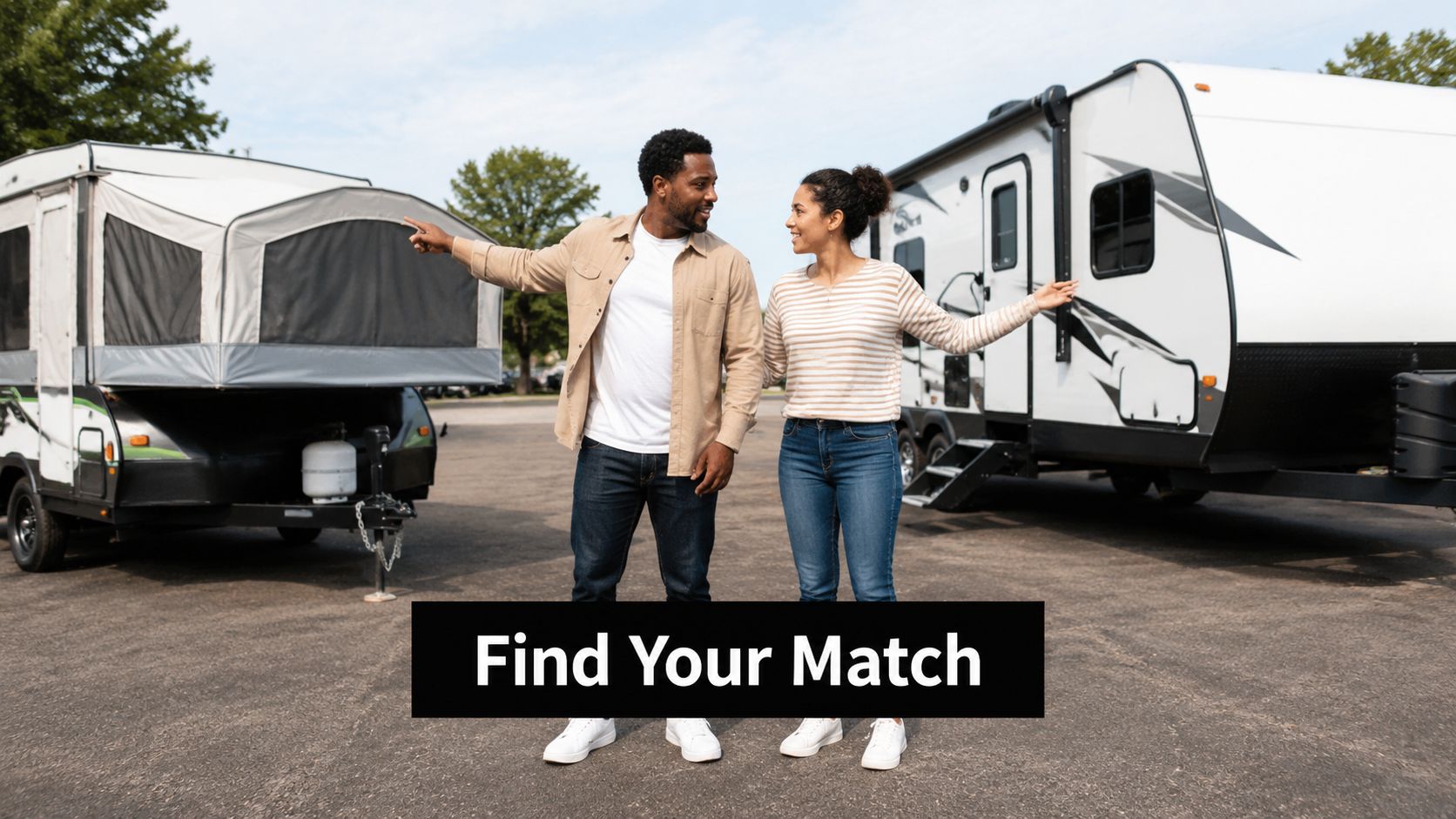 A couple standing between a pop up camper and a travel trailer, deciding which one to choose.