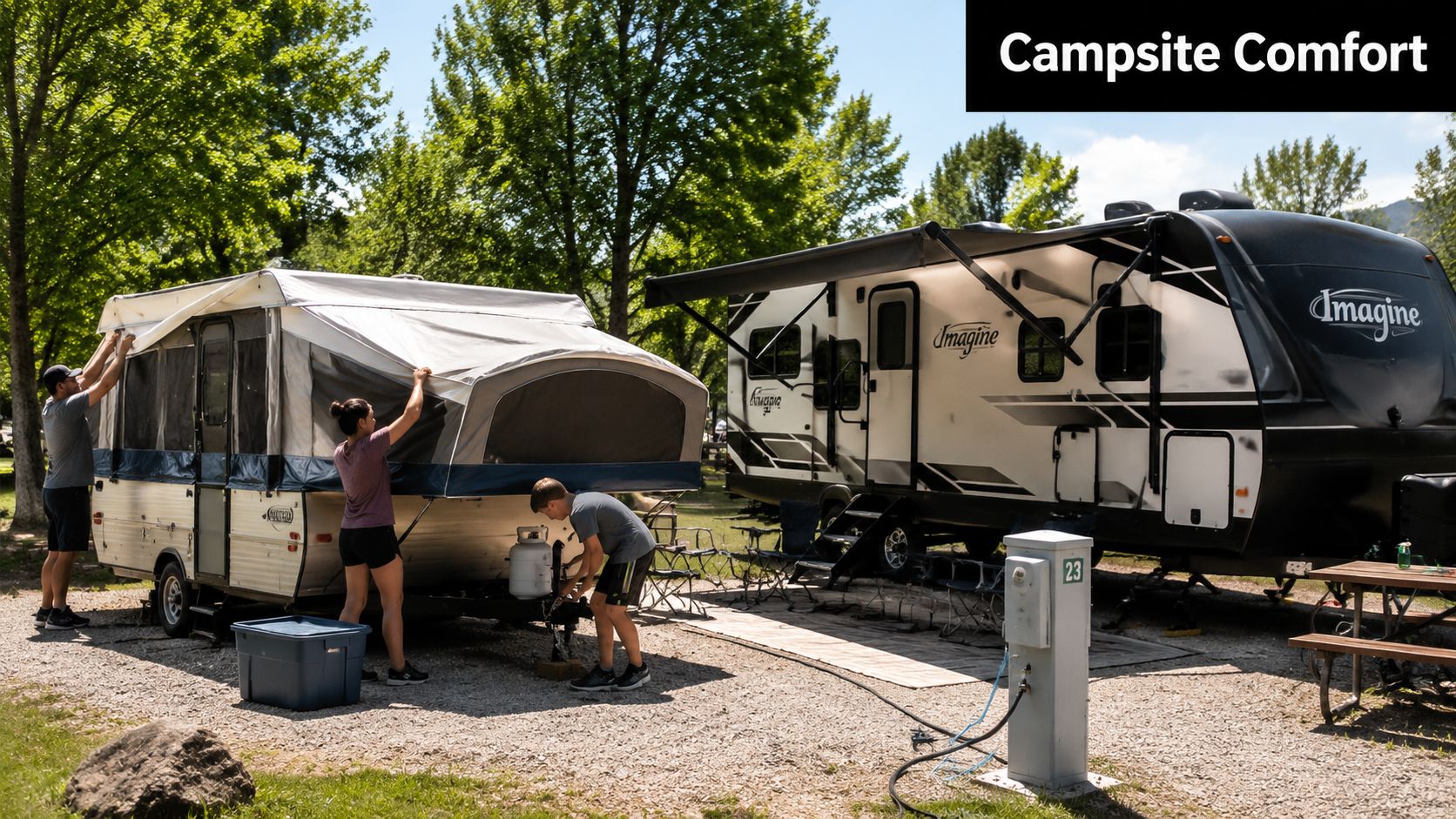 A family setting up a pop-up camper next to a larger Imagine travel trailer at a campsite.