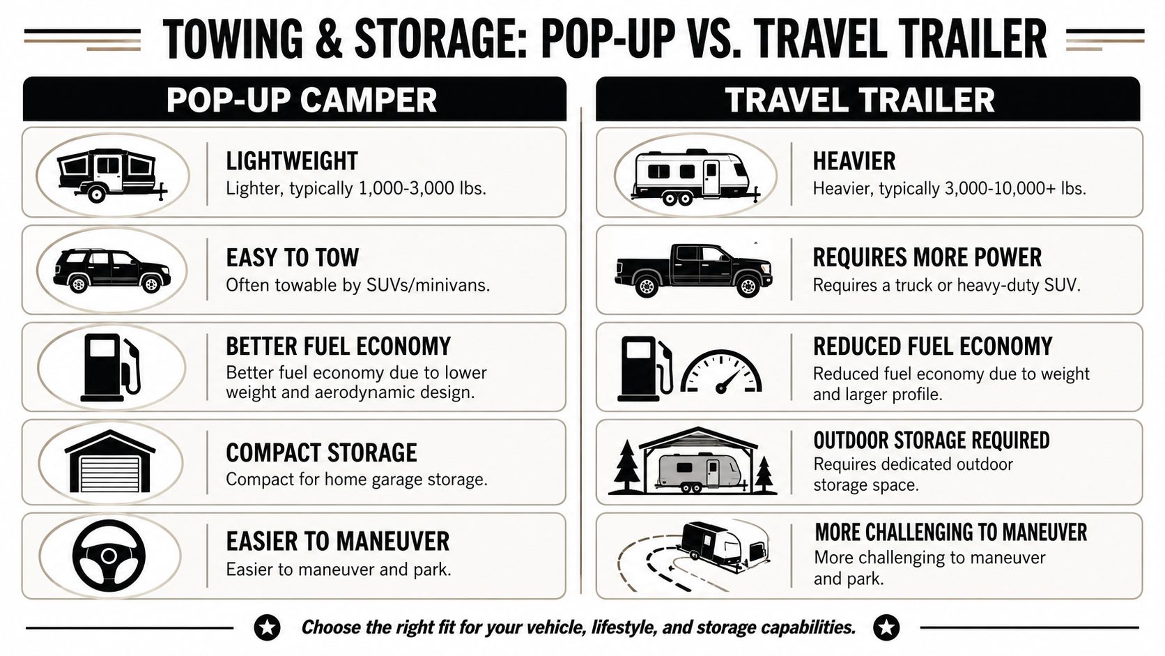 A comparison chart outlining the towing and storage differences between pop-up campers and travel trailers for recreational vehicles.