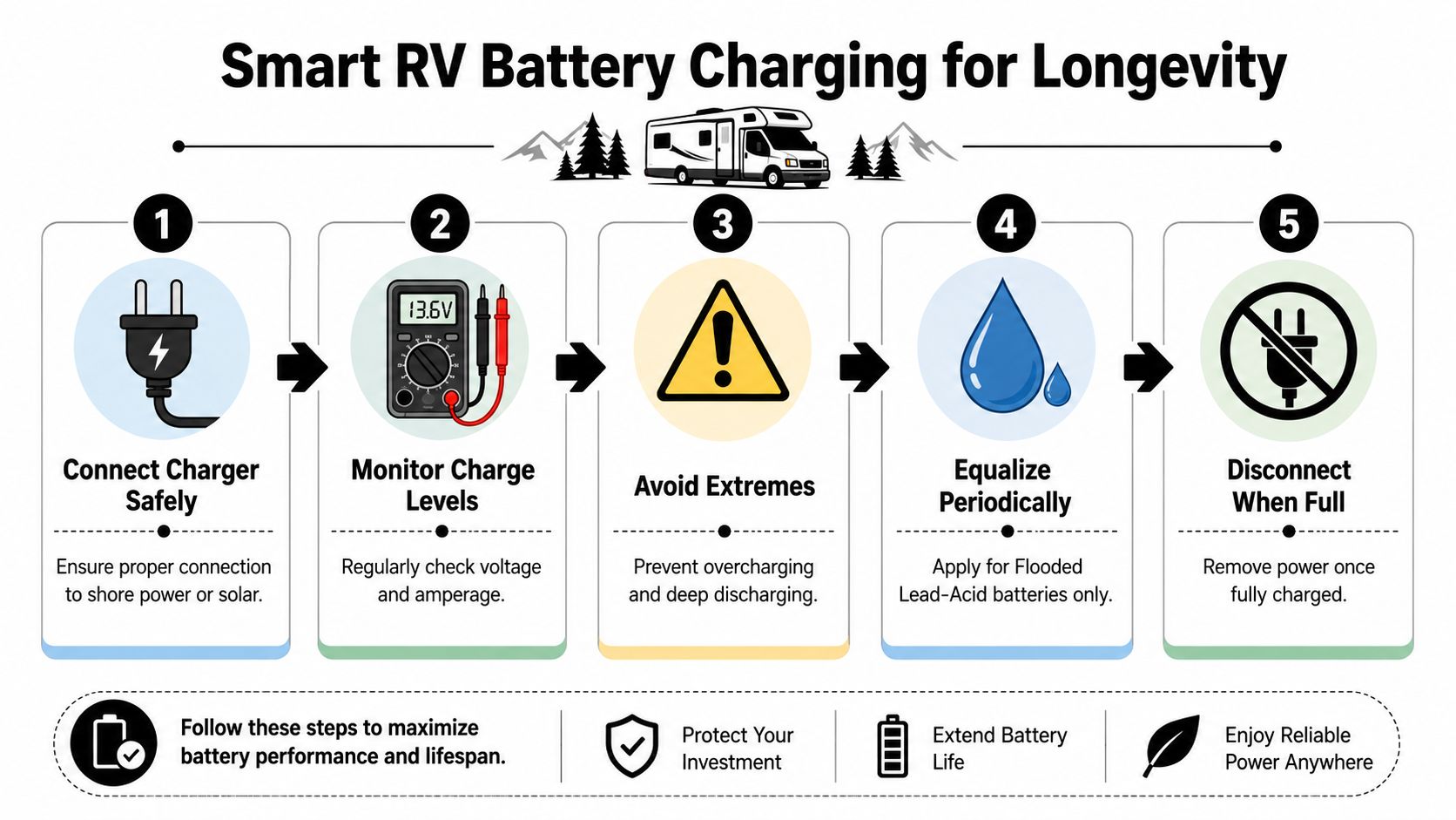 An infographic showing five essential steps for maintaining RV battery health for improved longevity and performance.