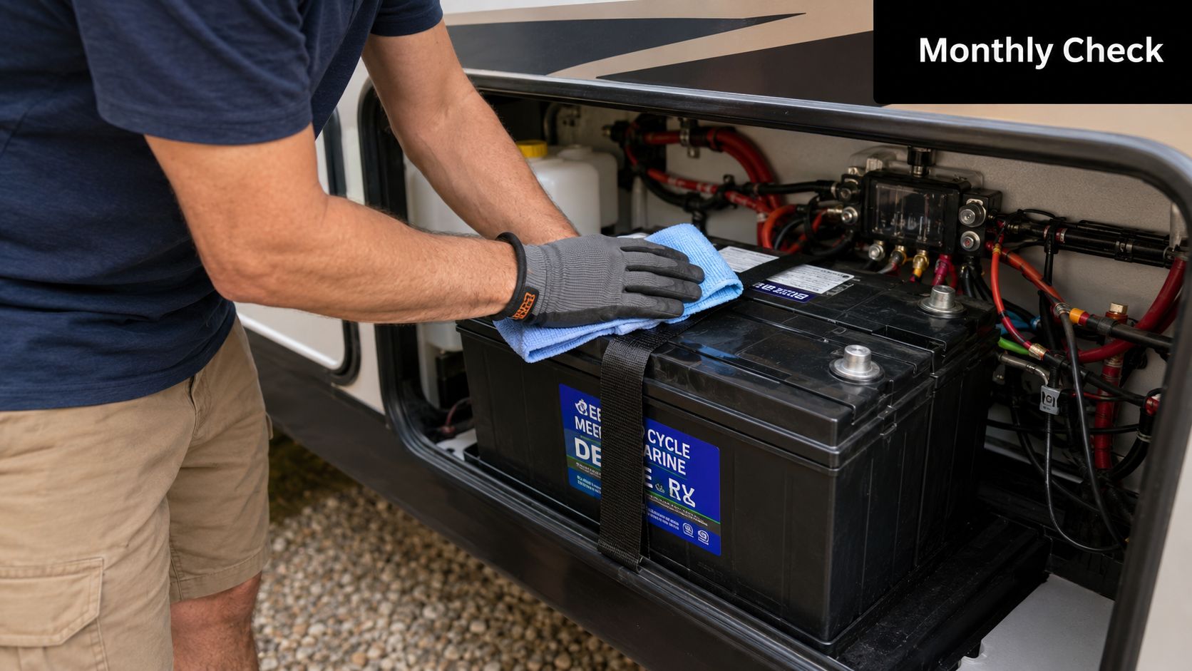 A person wearing gloves wiping a large black battery in an RV storage compartment for maintenance.