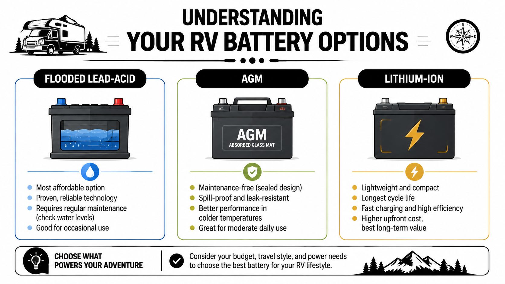 A comparison chart showing features of Flooded Lead-Acid, AGM, and Lithium-Ion RV battery types for campers.