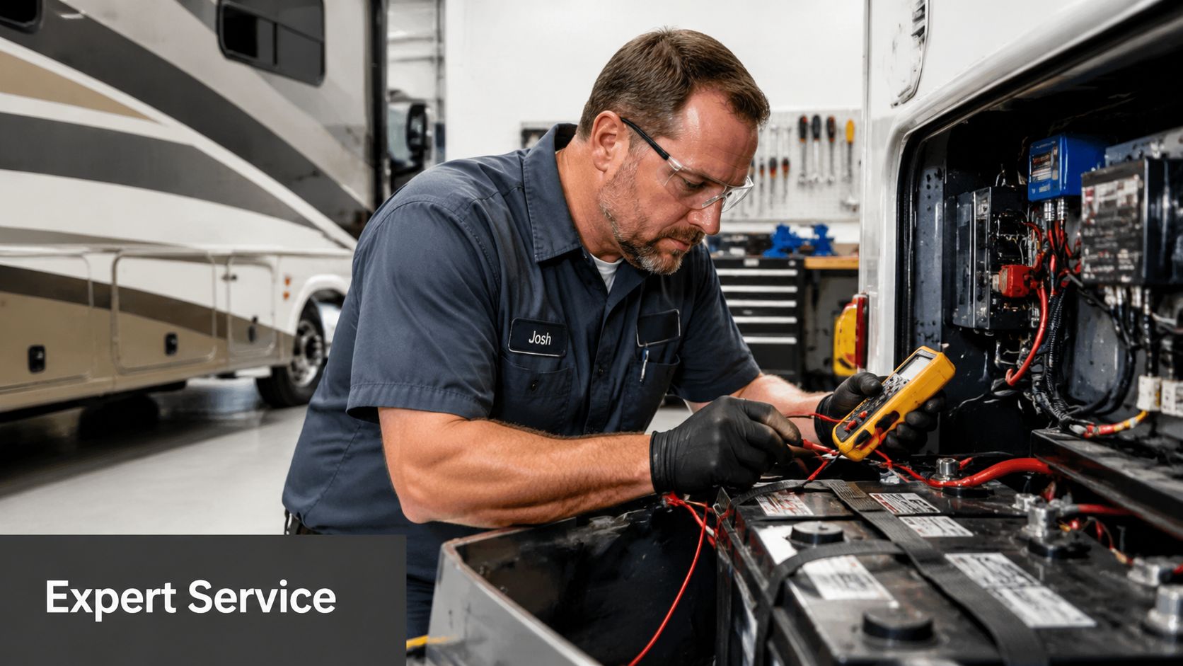 A professional technician wearing safety glasses and gloves performing RV battery maintenance using a digital multimeter.