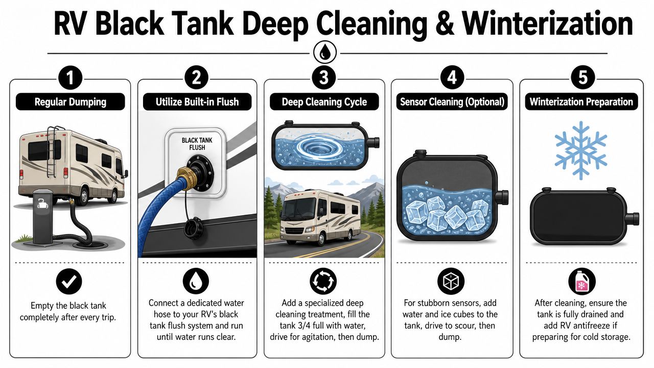 A step-by-step infographic illustrating the five stages of RV black tank deep cleaning and winterization process.