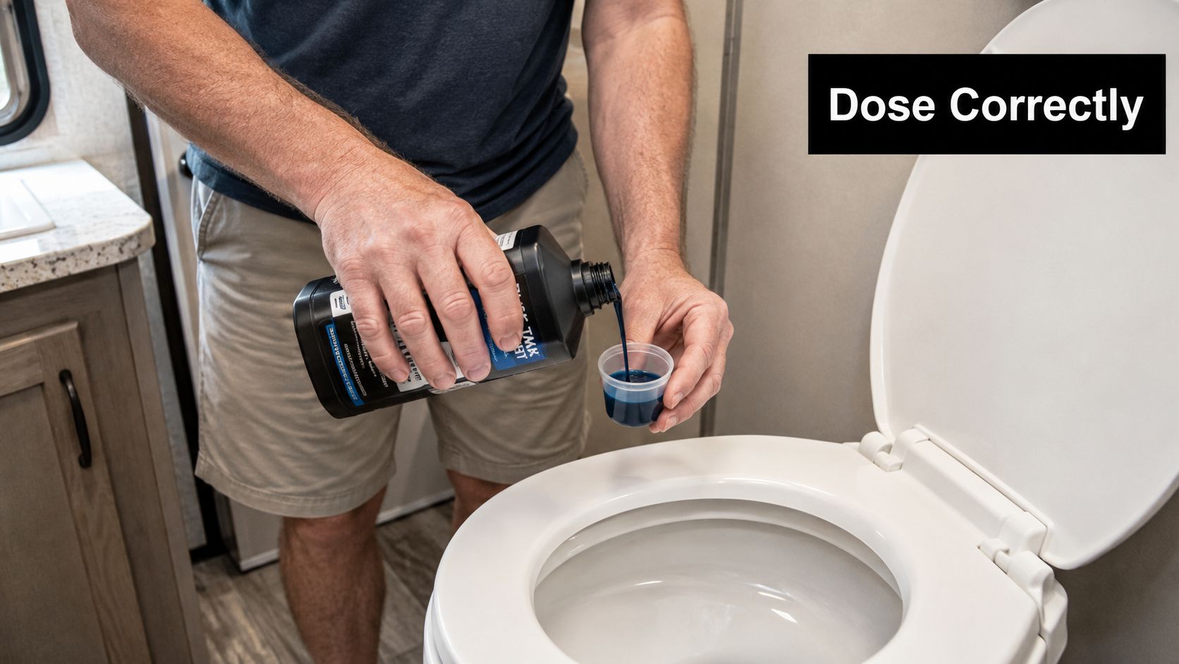 A person pouring blue RV black tank treatment into a dosing cup before adding it to a toilet.