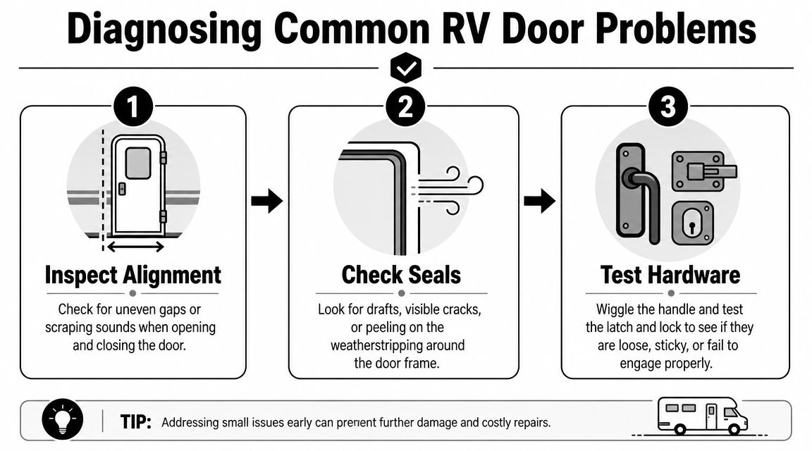 A diagram showing three steps to diagnose common RV door problems including alignment, seals, and hardware.