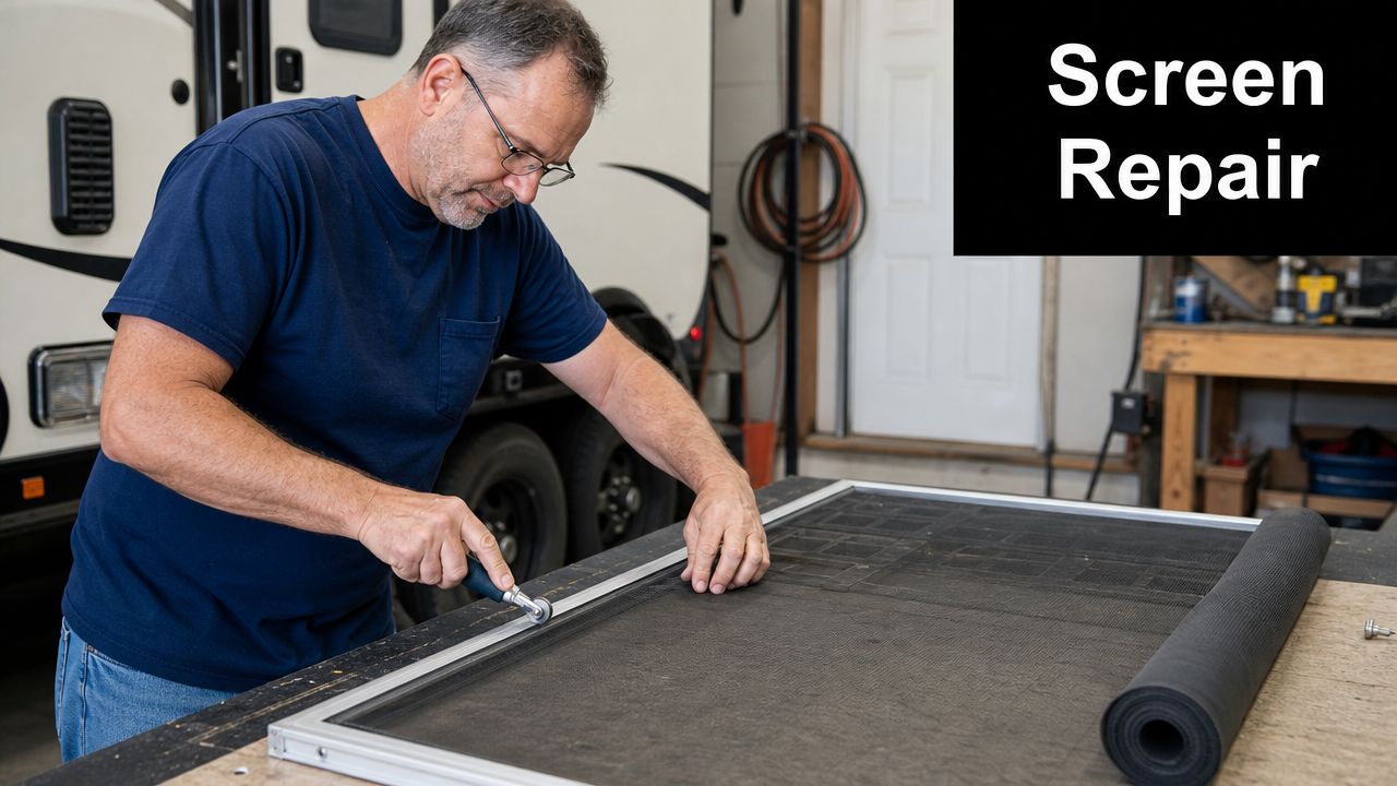 A technician using a screen rolling tool to install new mesh onto an RV window screen frame.
