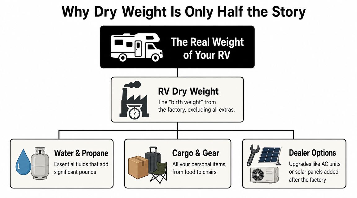 A diagram explaining why RV dry weight is only a portion of the vehicle's total actual weight.