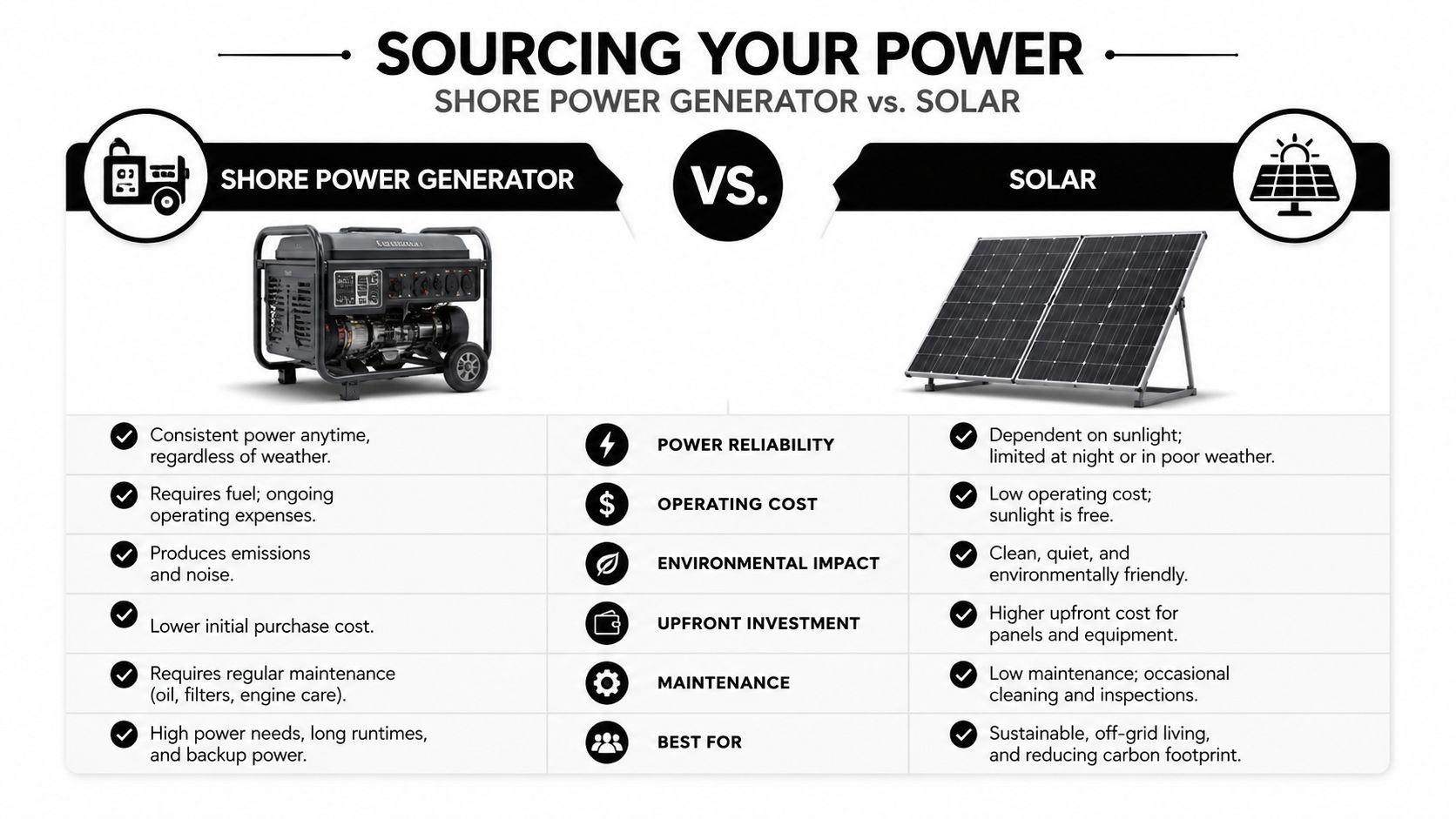 A comparison chart showing the pros and cons of using a shore power generator versus solar panels.