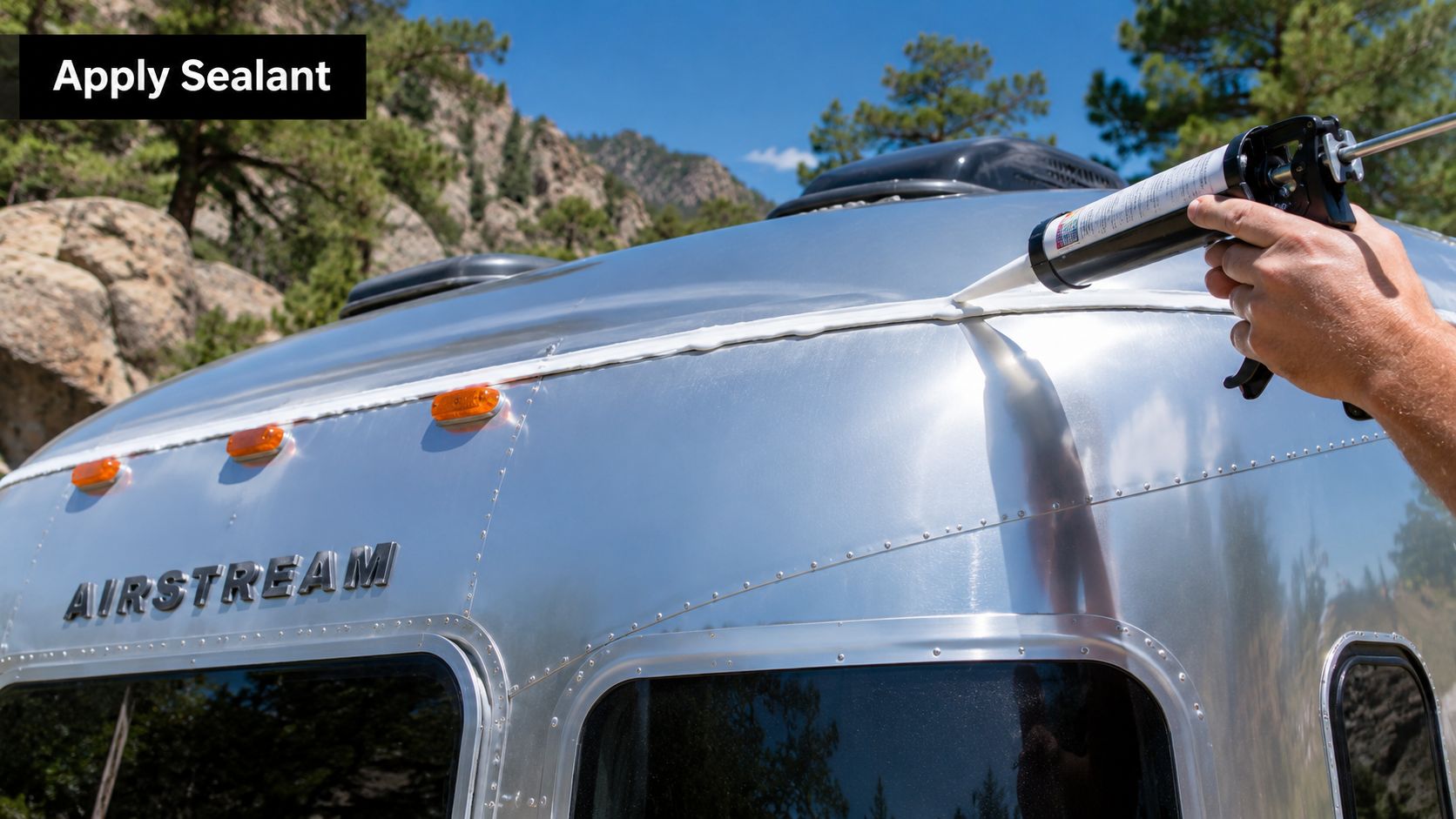 A person applying white sealant along the roof seam of a silver Airstream travel trailer.