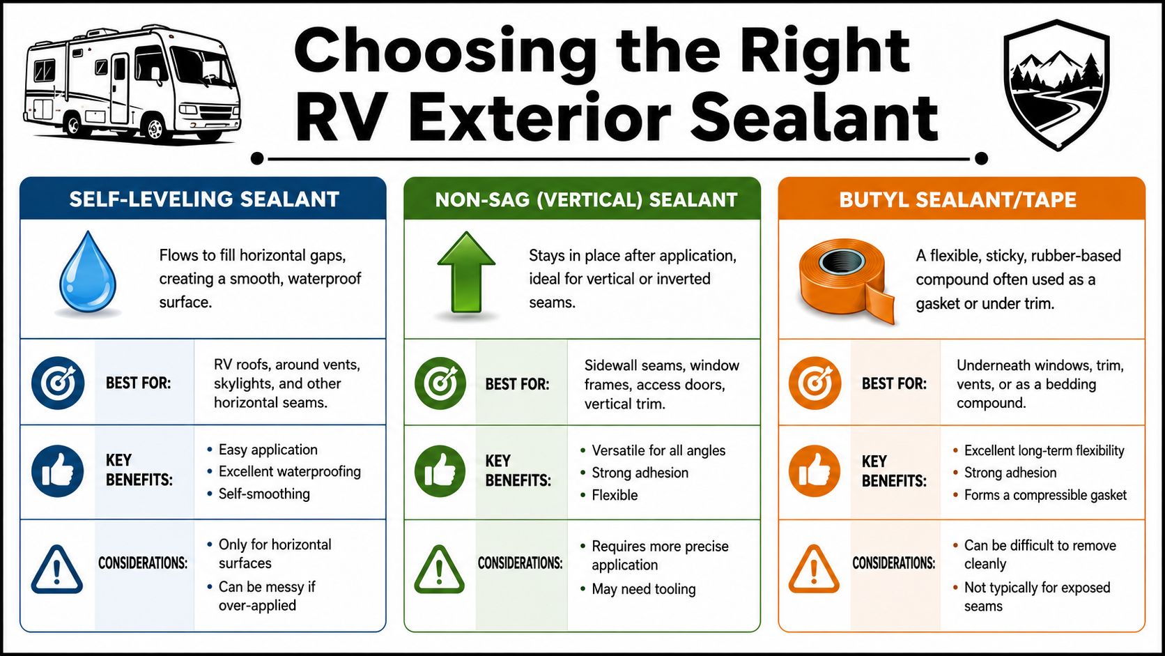 An infographic guide comparing self-leveling sealant, non-sag vertical sealant, and butyl tape for RV exterior maintenance.