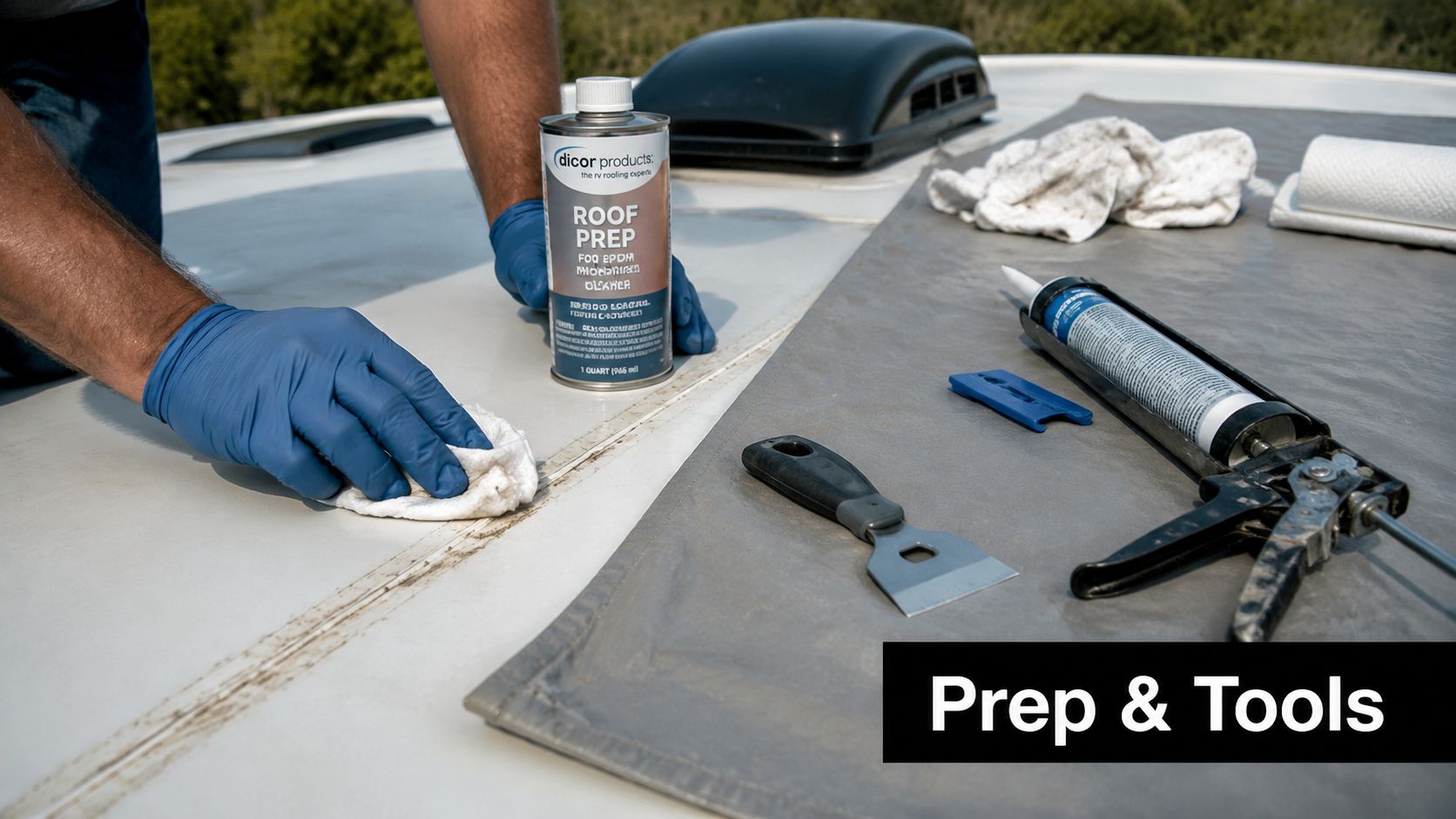 A person in blue gloves cleans an RV roof seam with prep solution and repair tools.