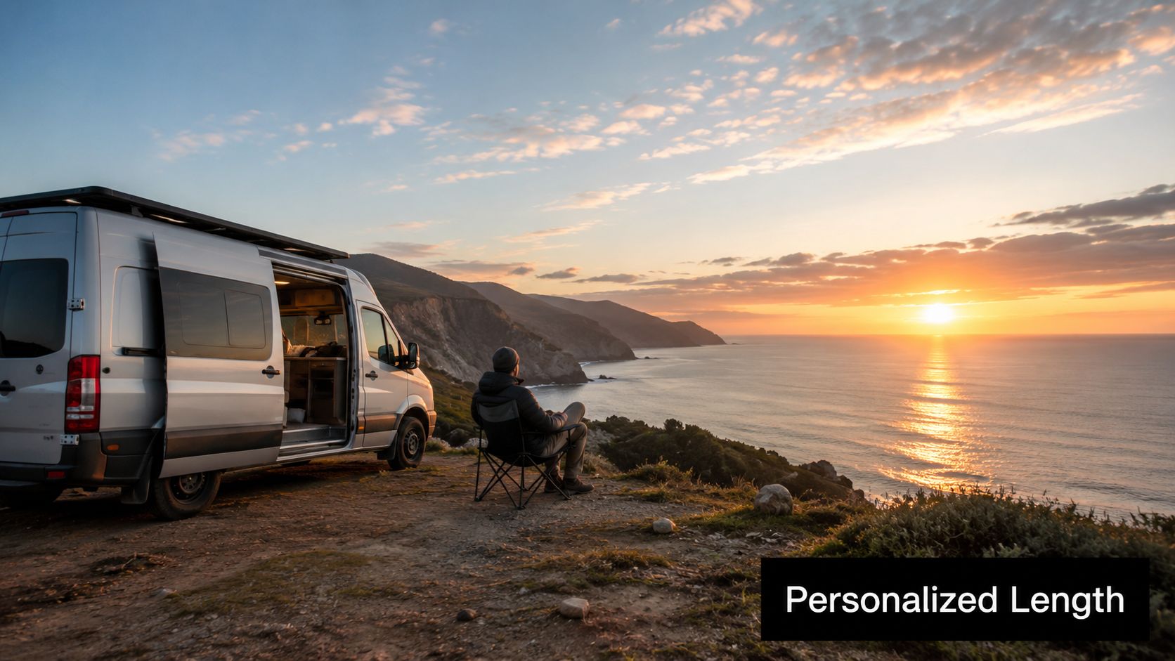 A person sitting in a folding chair watching a beautiful sunset over the ocean from a camper van.
