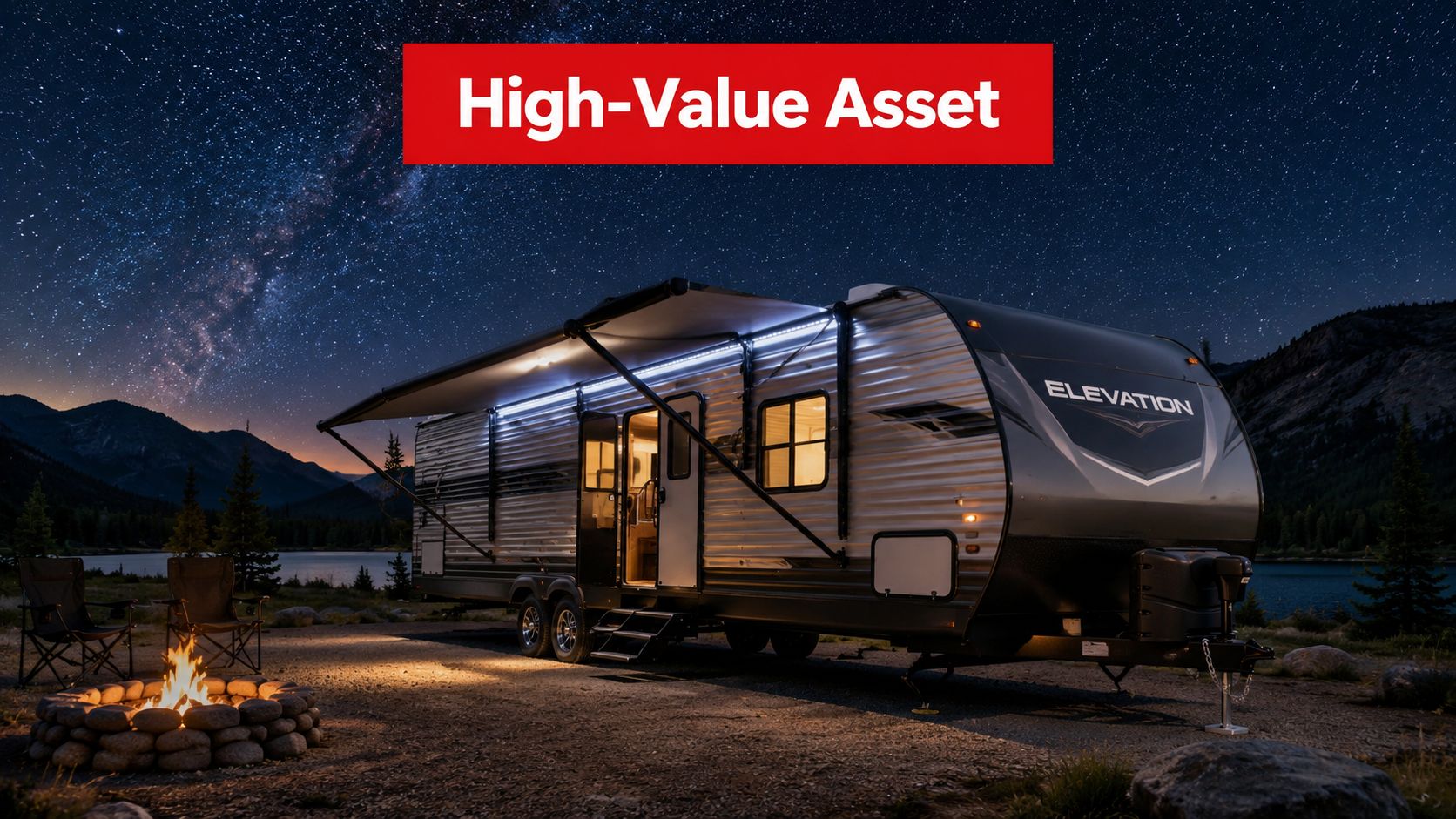 A modern recreational vehicle parked by a lake under a starry night sky with a campfire nearby.