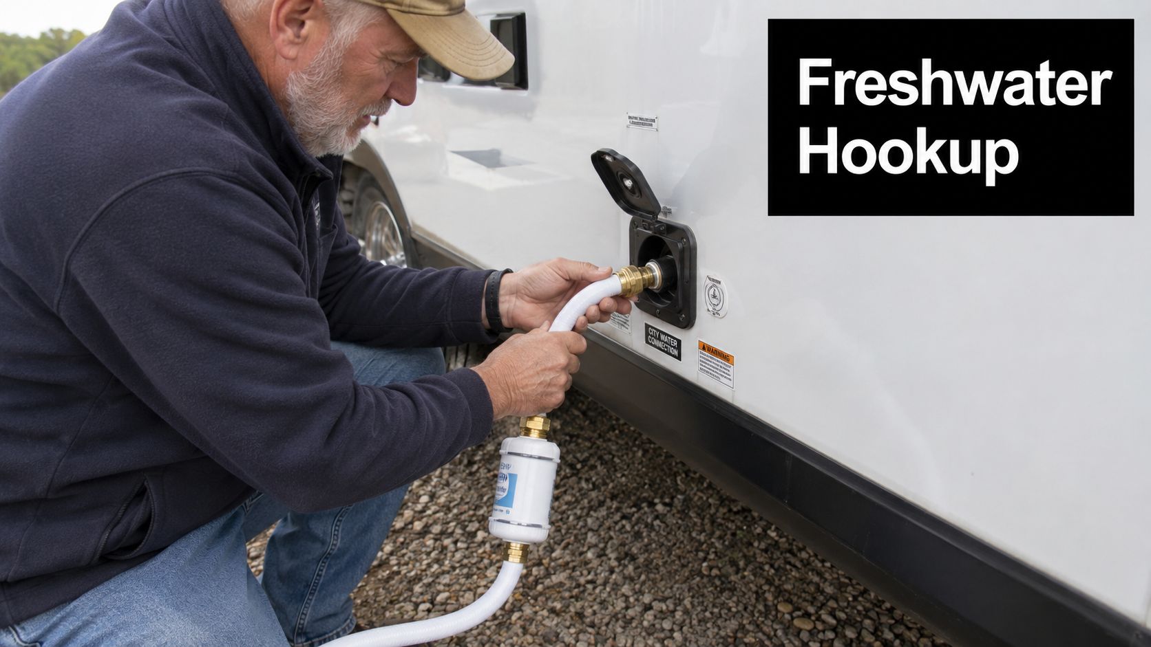 A man connecting a water hose to a white recreational vehicle's freshwater intake connection outdoors.