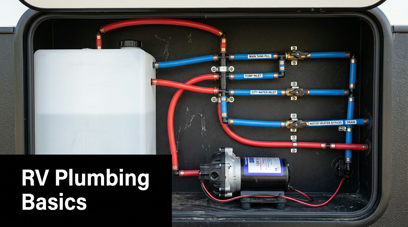 A close-up view of an RV plumbing system showing the fresh water tank, pump, and valve connections.