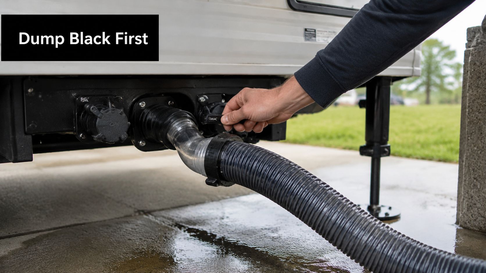 A person's hand opening the valve on an RV sewage system to dump the black water tank.