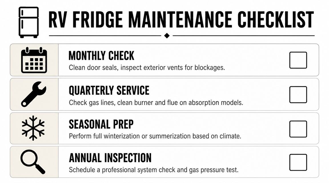 A checklist for RV refrigerator maintenance featuring monthly, quarterly, seasonal, and annual task reminders.