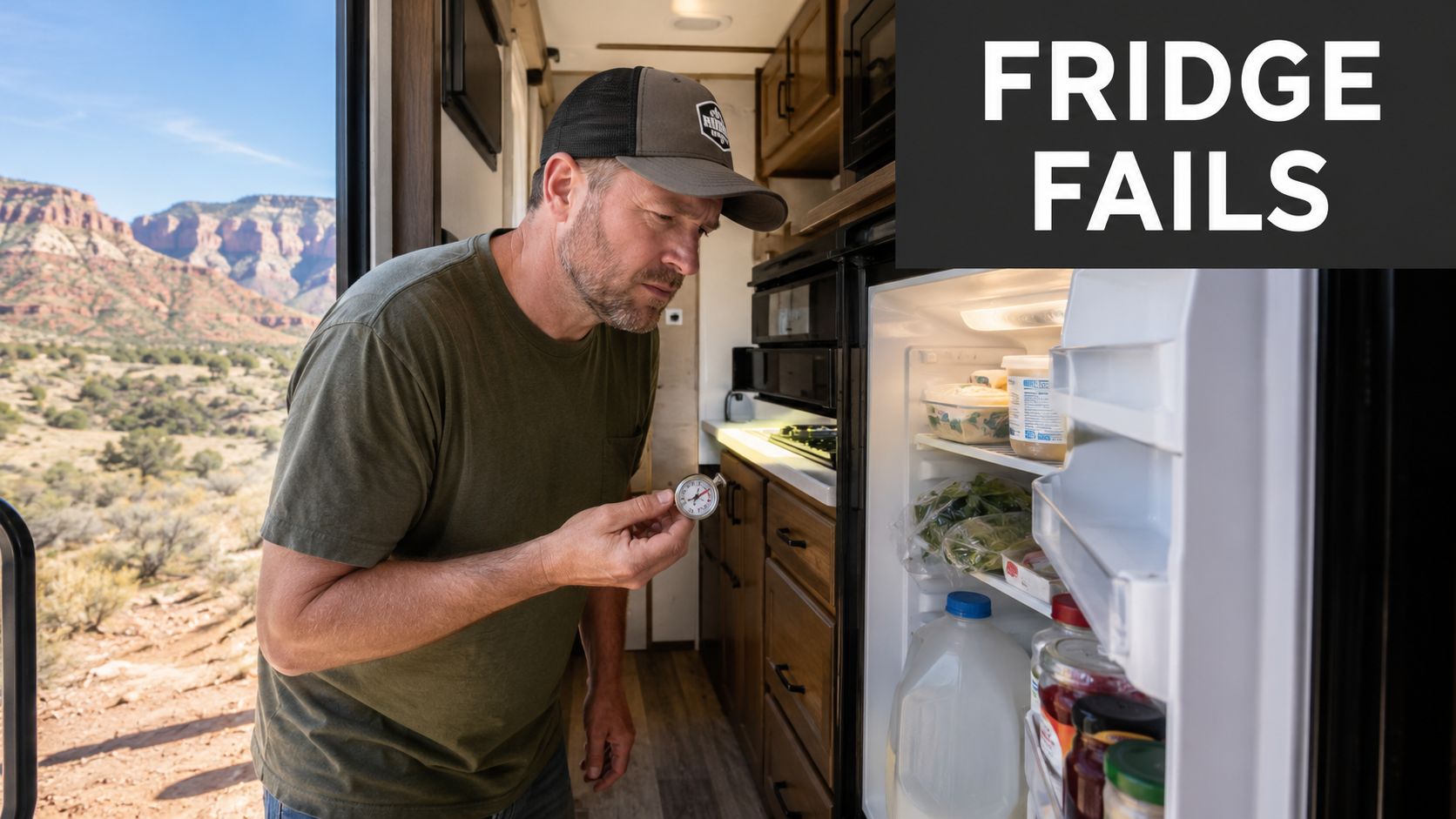 A man in a hat inspecting the temperature inside an RV refrigerator with a handheld thermometer.