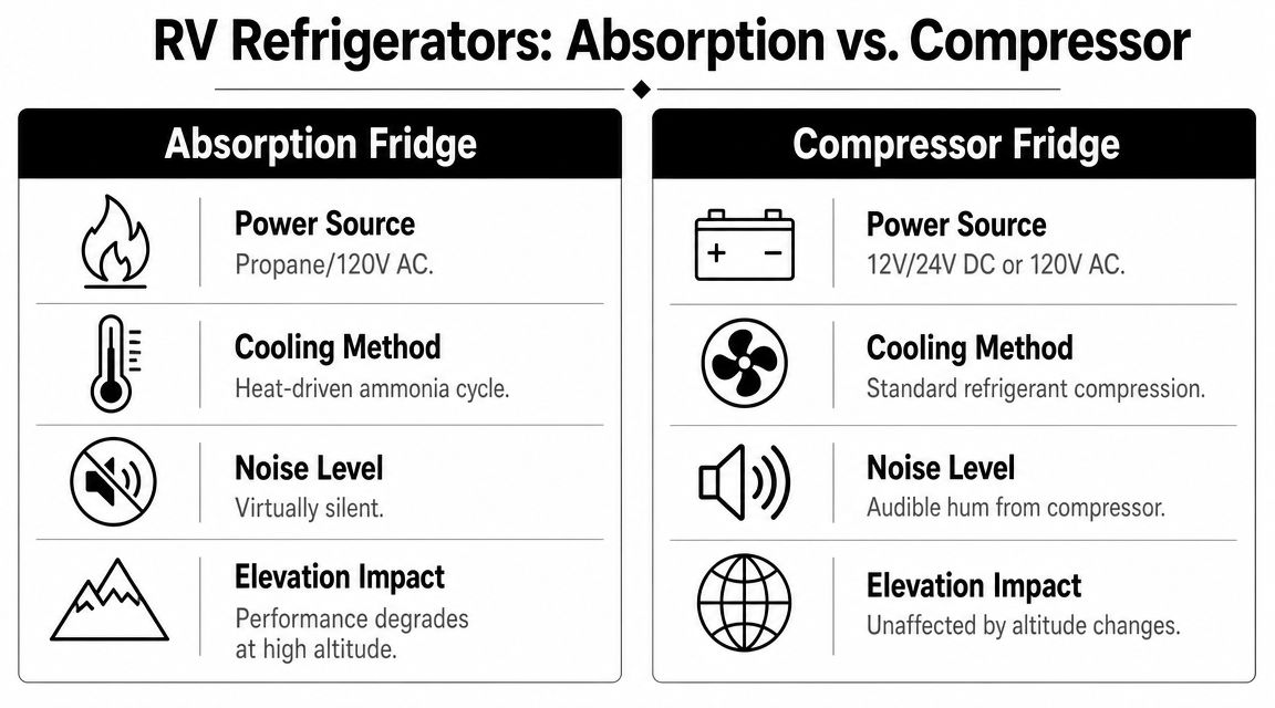 A comparison chart outlining key differences between RV absorption and compressor refrigerator systems regarding power, cooling, and performance.