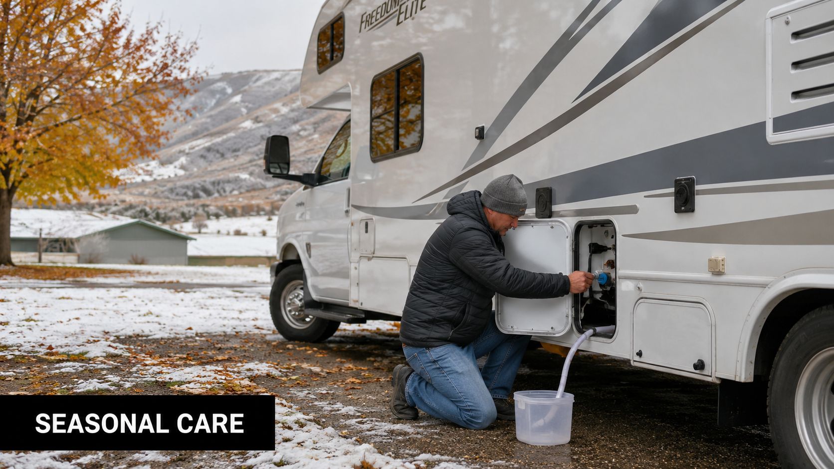 A man winterizing a white recreational vehicle by draining its water system into a plastic bucket.
