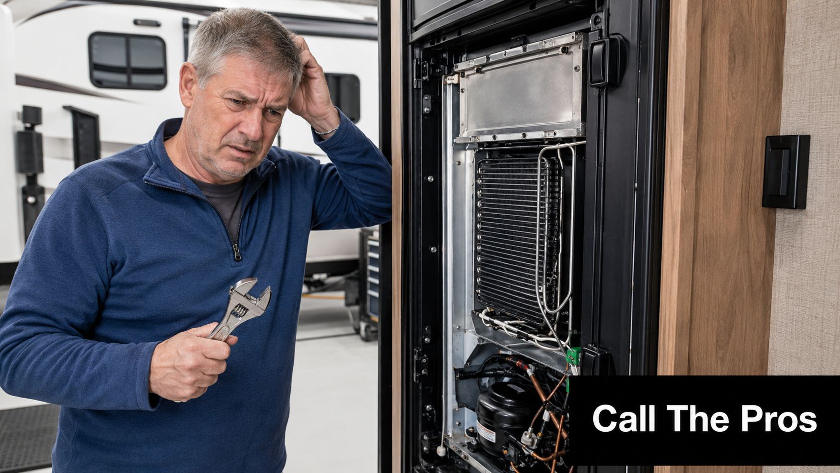 A confused man holding an adjustable wrench while attempting to fix an open RV refrigerator unit.