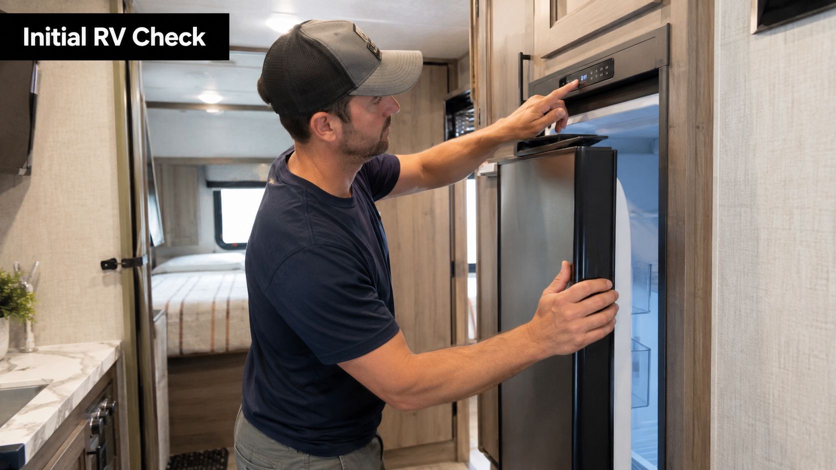 A technician wearing a hat checks the control panel on an RV refrigerator during an inspection.