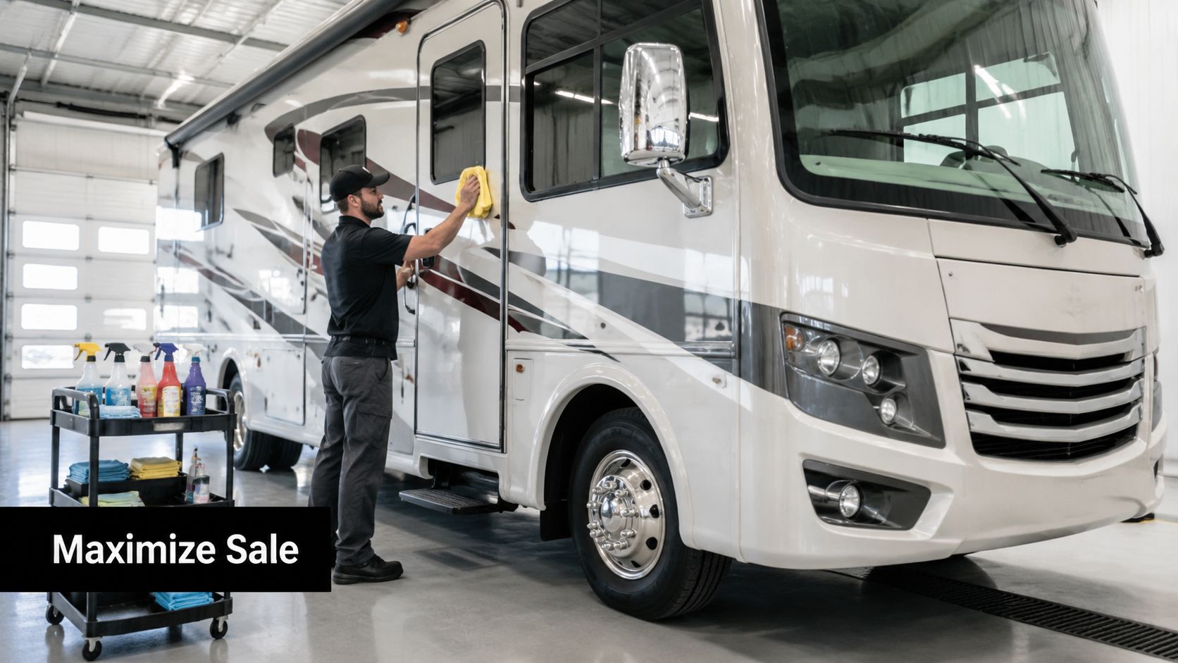 A professional technician cleaning the exterior of a recreational vehicle to help increase its resale value.