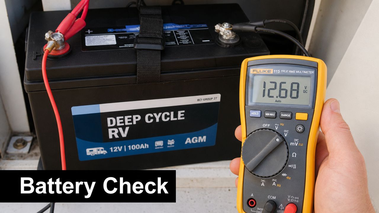 A hand using a Fluke multimeter to check the voltage of a 12V 100Ah deep cycle AGM RV battery.