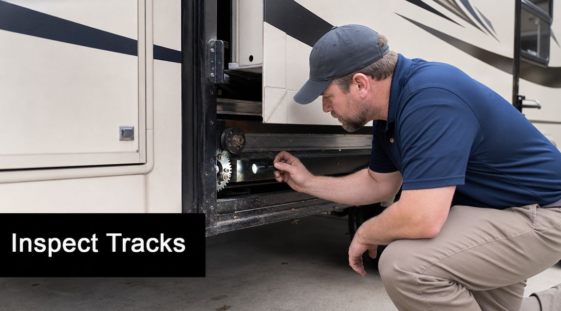 A technician kneeling and inspecting the mechanical track and gear assembly of an RV slide-out using a flashlight.