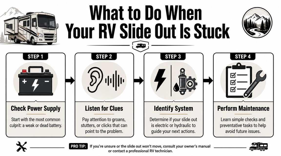 An infographic titled What to Do When Your RV Slide Out Is Stuck with four numbered troubleshooting steps.