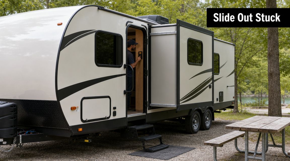 A man inside a recreational vehicle attempting to operate a stuck slide out mechanism during a camping trip.