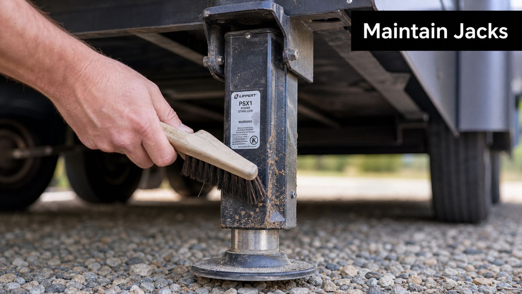 A person cleaning mud off an RV stabilizer jack with a wire brush for maintenance.