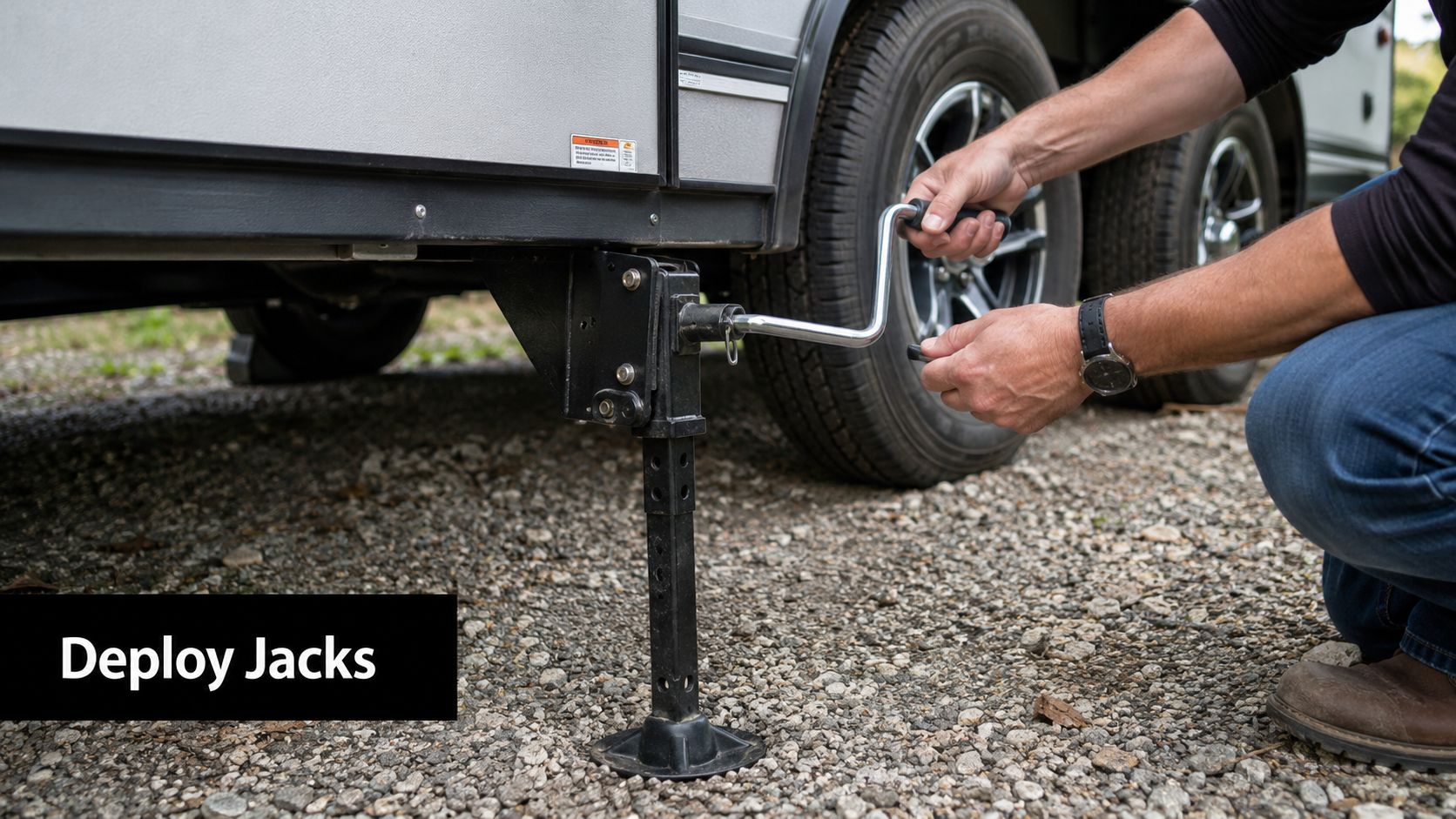 A person manually lowering and deploying a metal stabilizer jack on a parked travel trailer camper.