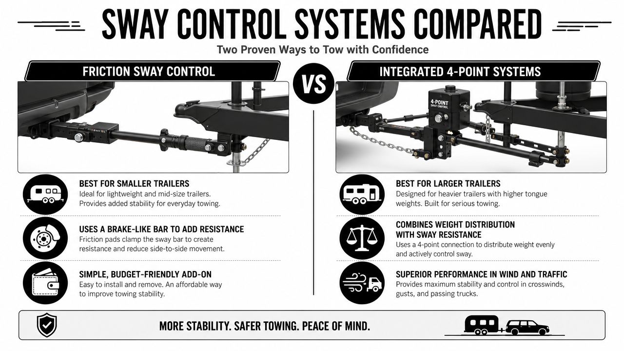 A comparison chart showing two types of trailer sway control systems for improved towing stability and safety.