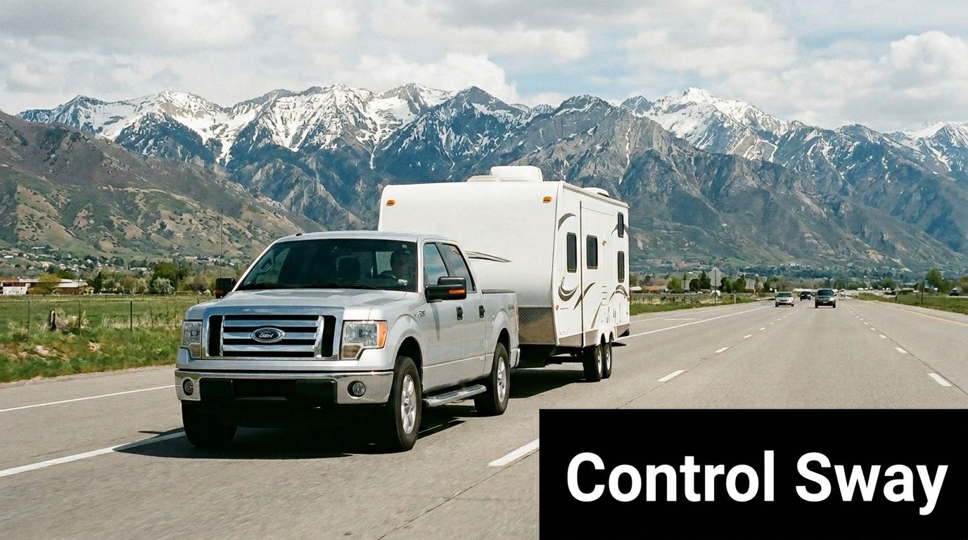 A silver Ford pickup truck towing a white travel trailer on a highway with mountains in background.