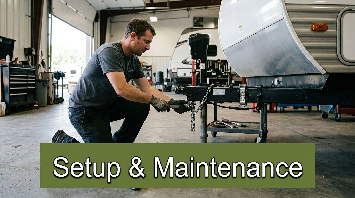A technician kneeling on a workshop floor performing maintenance on the hitch assembly of an RV trailer.