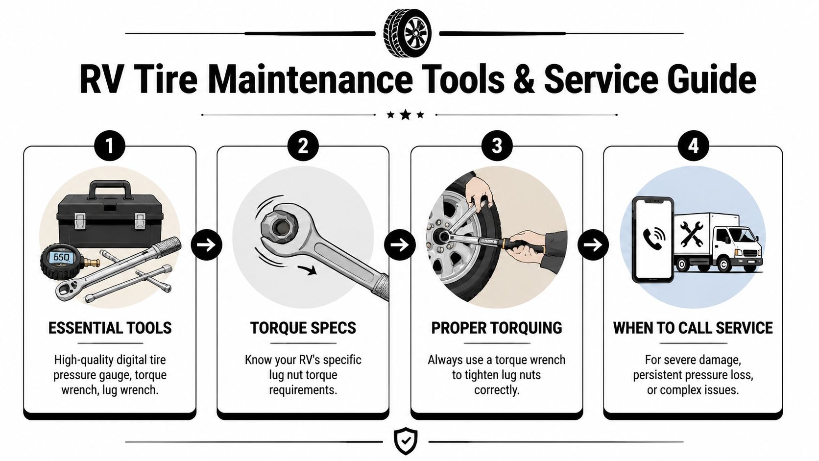 An infographic showing four steps for RV tire maintenance, including tools, torque specs, and professional service.
